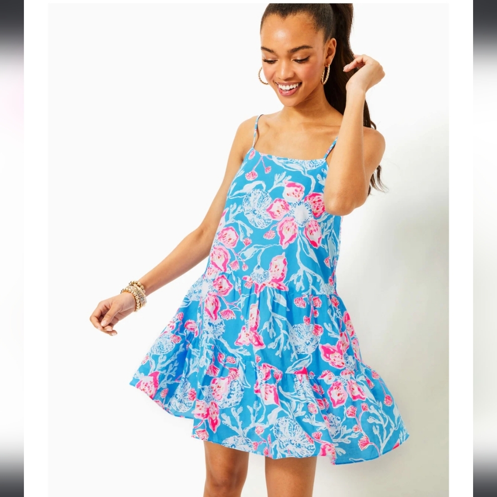 Nwt Medium Lilly Pulitzer Blue and Pink Tiered Dress